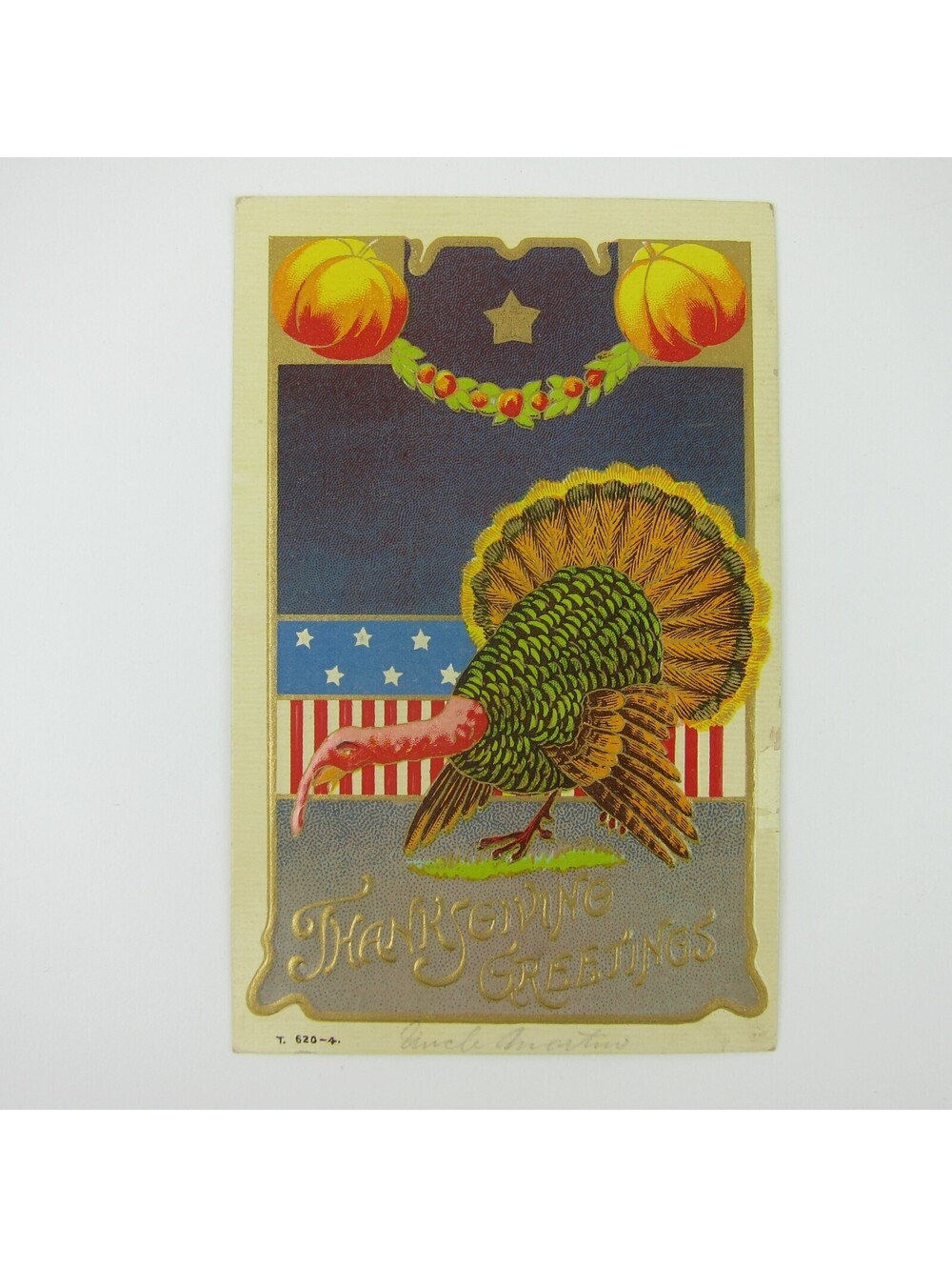 Thanksgiving Postcard Wild Turkey Pumpkin Garland Gold Embossed Antique 1908